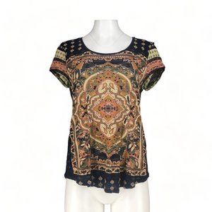 Lucky Brand Tee Short Sleeve Persian Carpet Scoop Neck 100% Viscose Blue Multi M